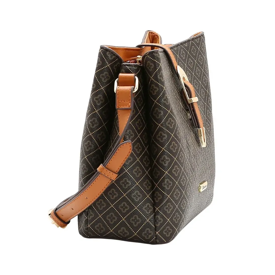 Bolsa Chenson transversal vista lateral mostrando alça ajustável e detalhes em marrom claro
